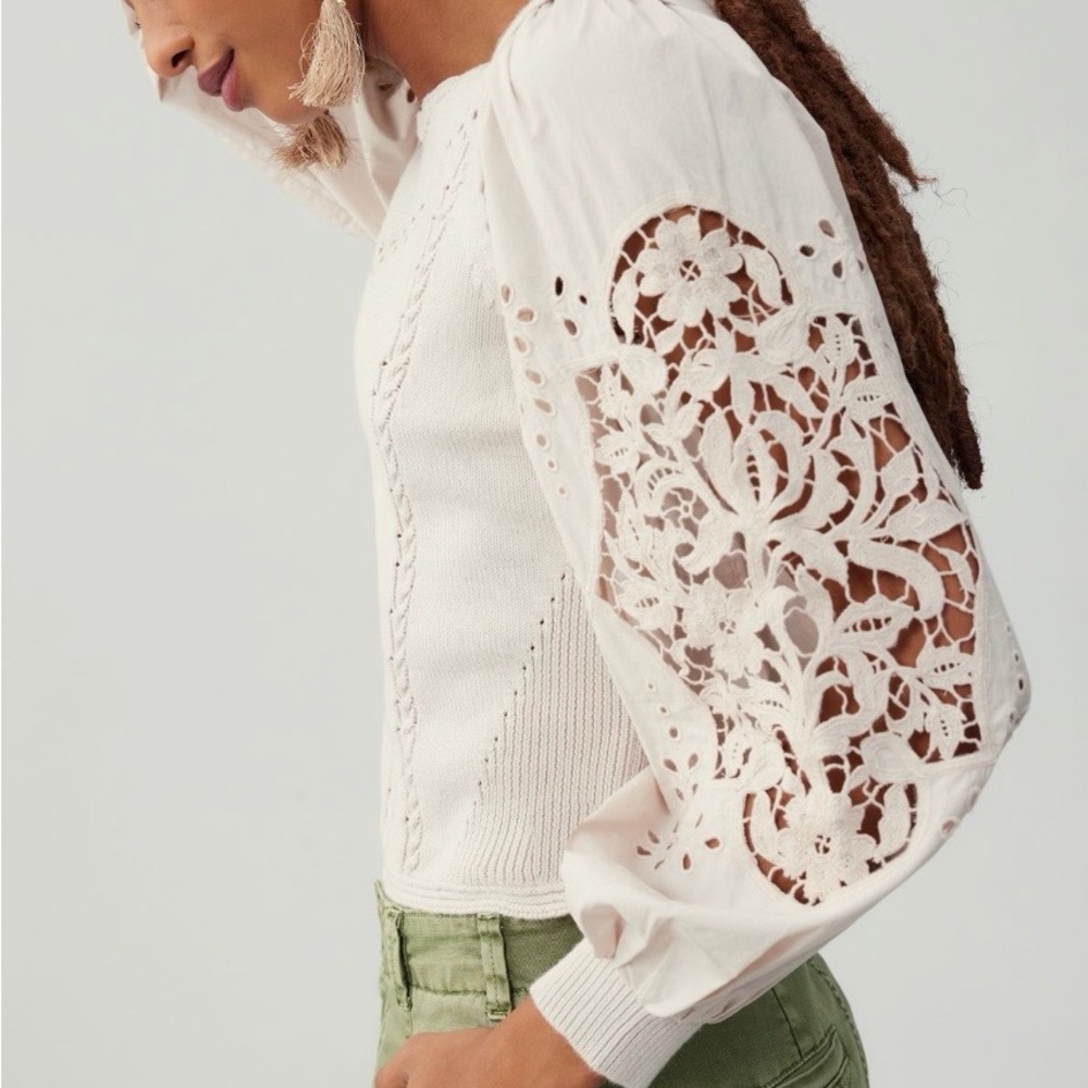NWoT By Anthropologie Cutwork Puff-Sleeve Sweater women color pearl size Small - Picture 3 of 16